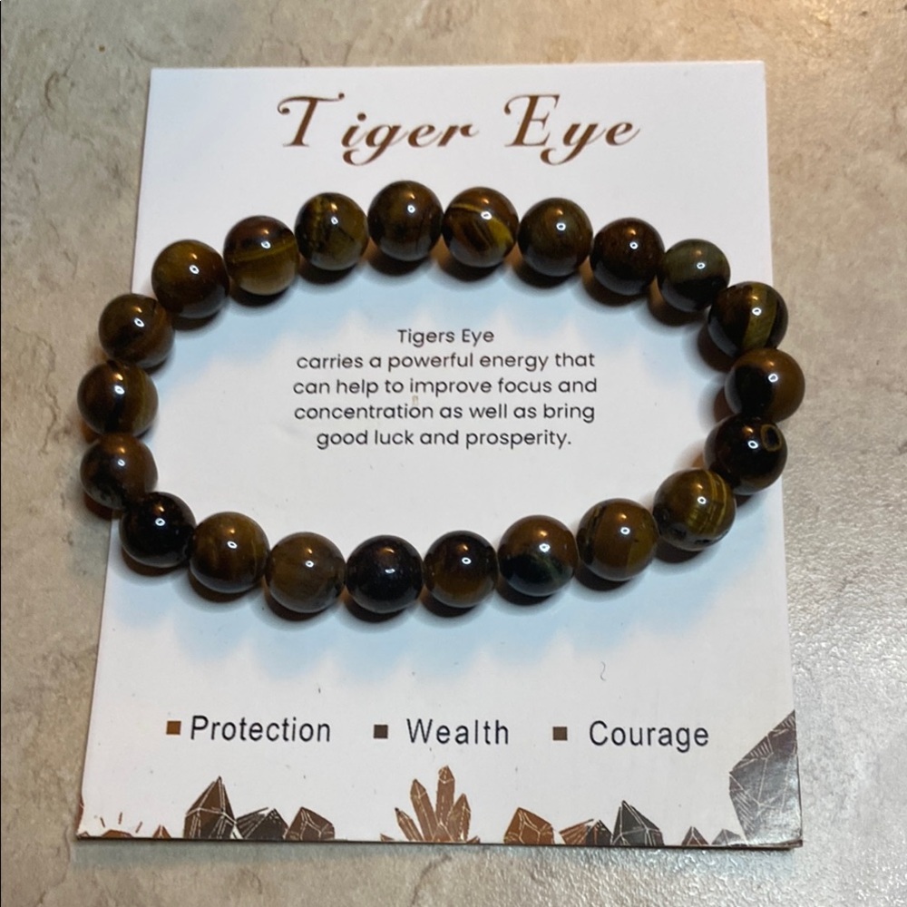 Bracelet-Natural Stone Tiger Eye Beaded stretchy Bracelet with card. Unisex 3/51